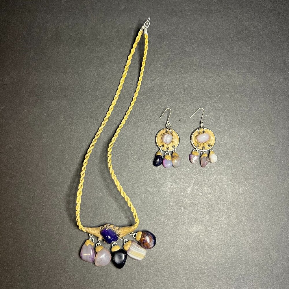 Handcrafted Matching Clay & Polished Purple Stone Cluster Necklace & Earring Set